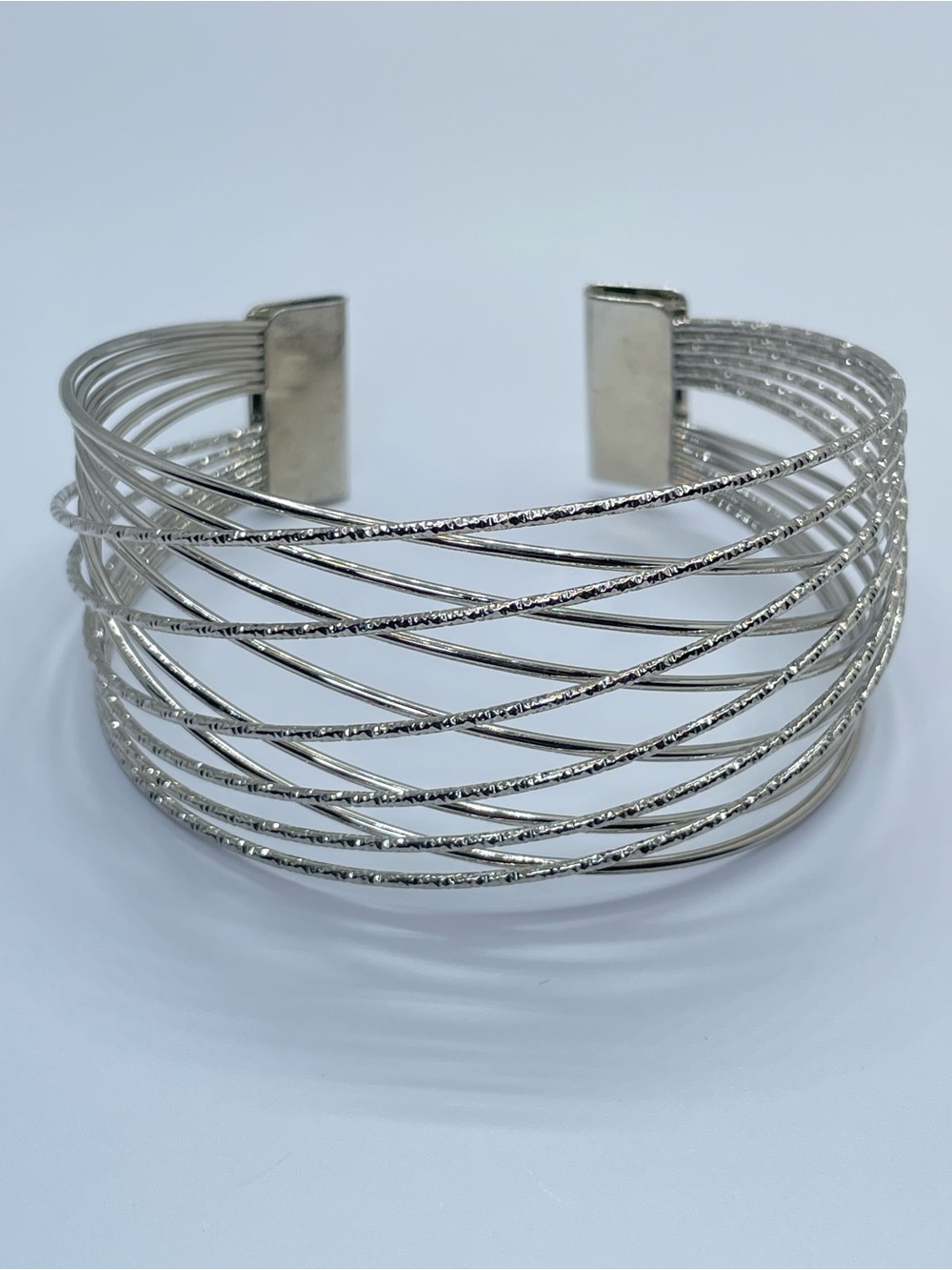 Silver Tone Multi Strand Cuff Bracelet Modern Layered Statement